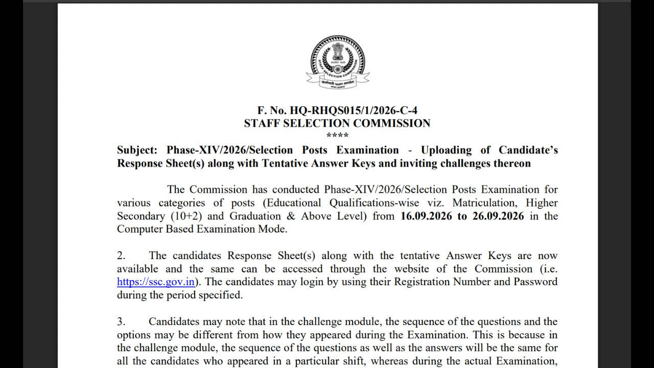SSC phase 14 answer key 2026 released at ssc.gov.in, objection window ...