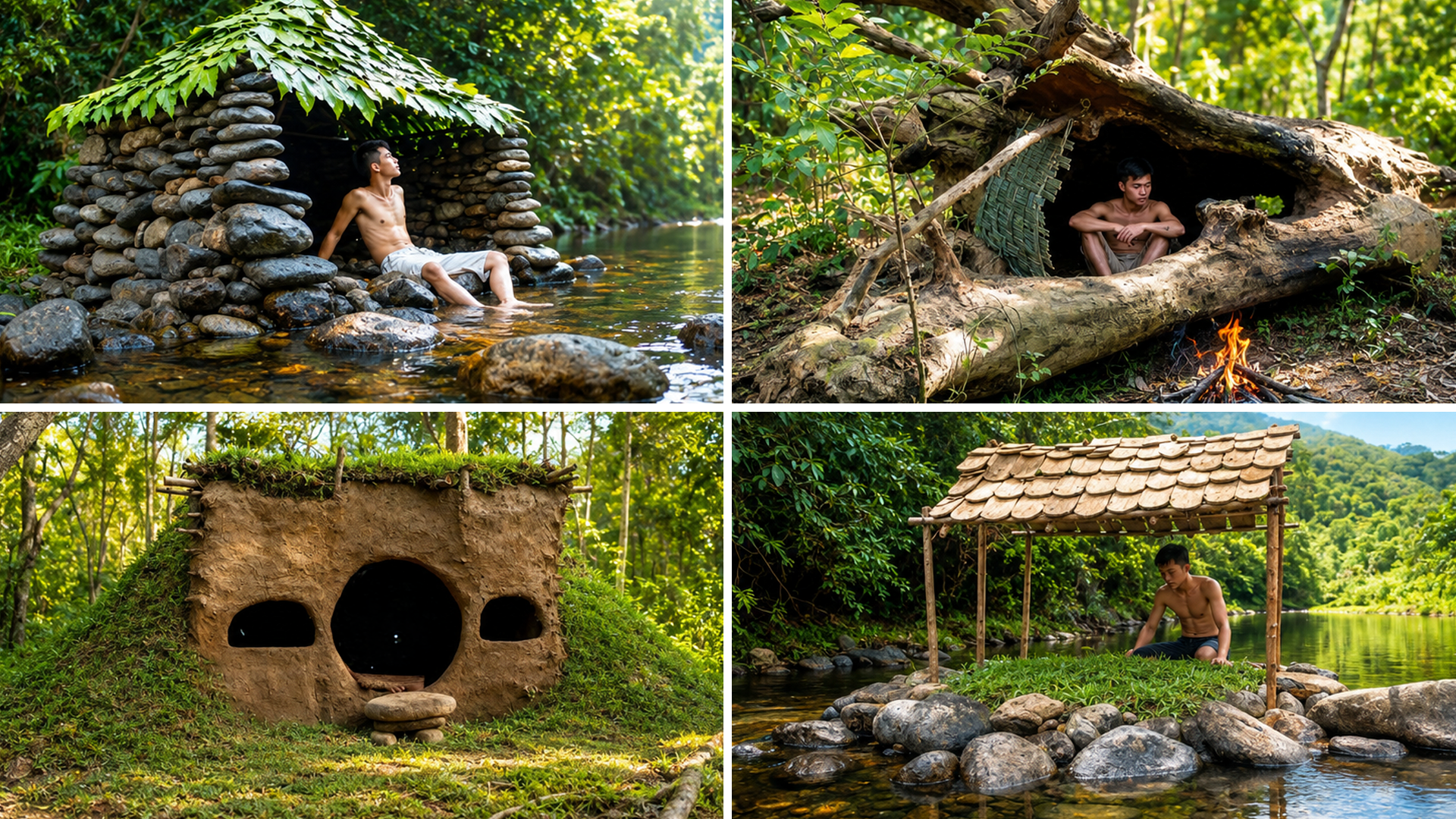 Primitive technology: Build stone hut, house in the trunk, hobbit house ...