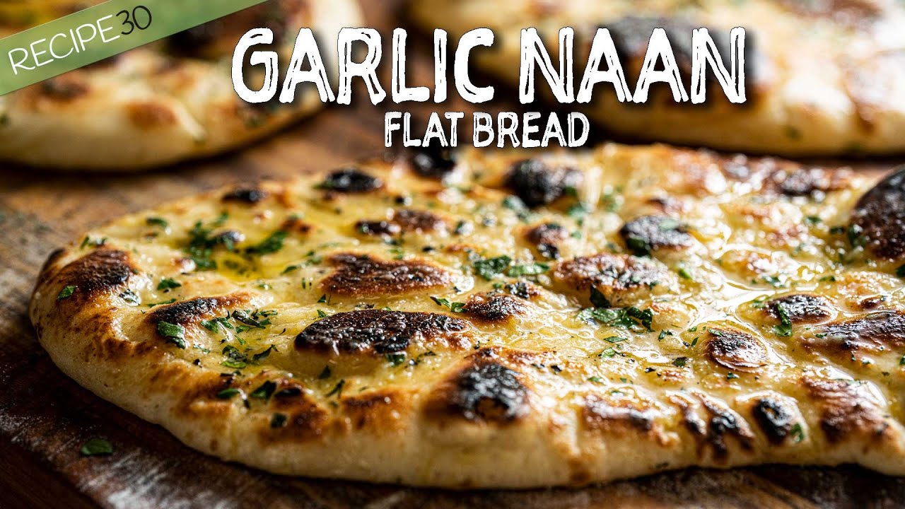 Simple garlic naan cooked in a cast iron skillet