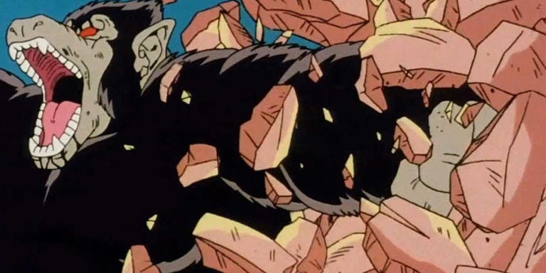 Great Ape Gohan smashes rocks in Dragon Ball Z.