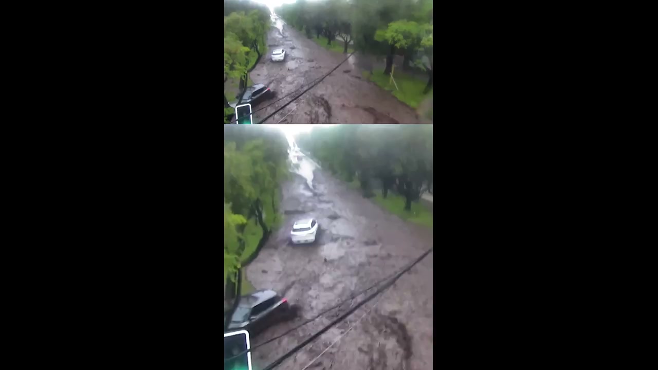 Floodwater transforms Chilean roadway into river