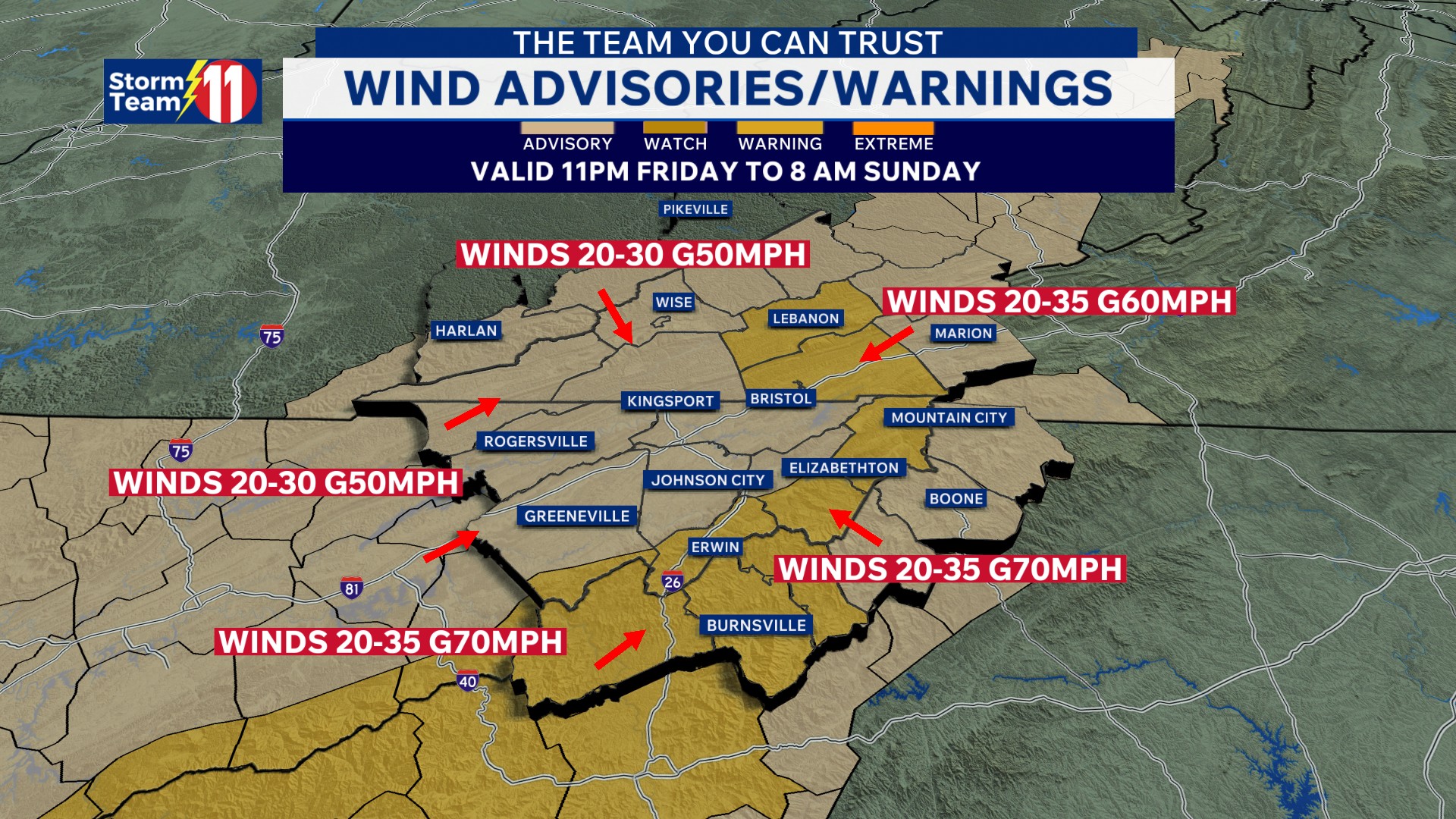 High wind warnings and wind advisories for Saturday with clouds and rain