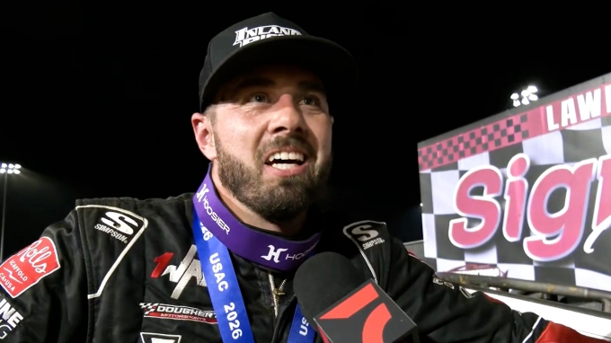 Jake Swanson reacts after winning USAC Greg Staab Memorial at Lawrenceburg