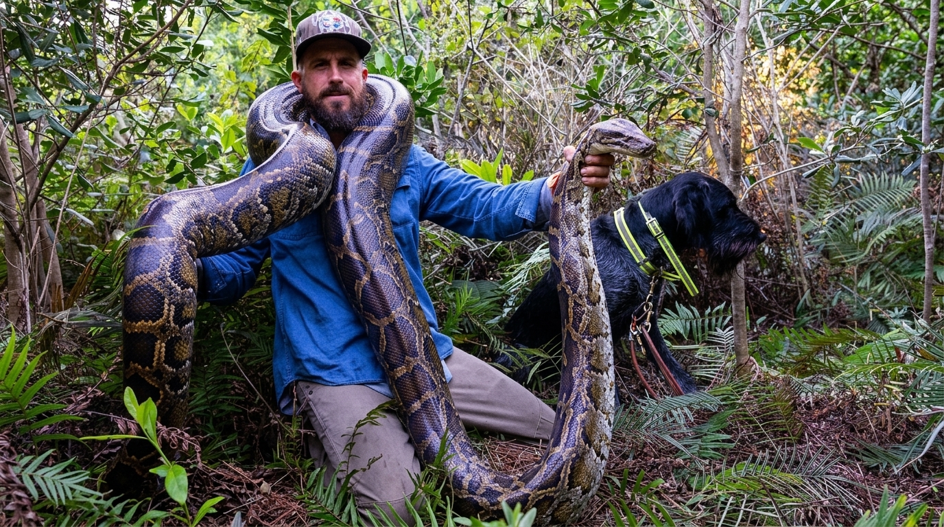 My python hunting dog was almost taken out by this giant python