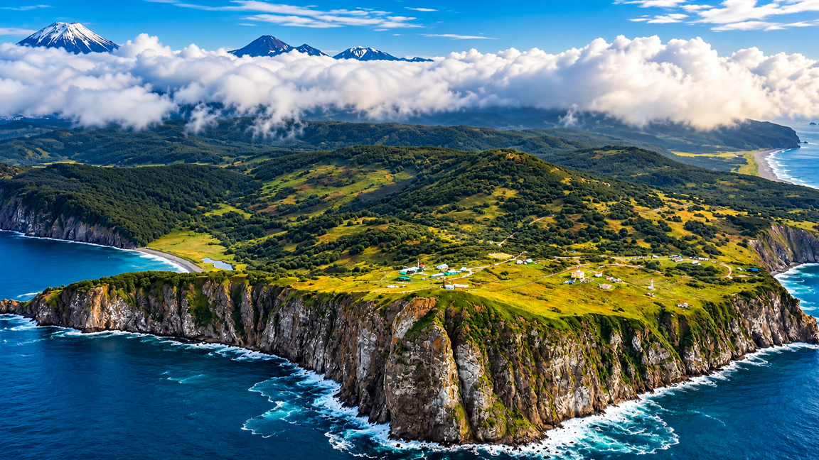Hidden coastal paradise beneath towering volcanoes