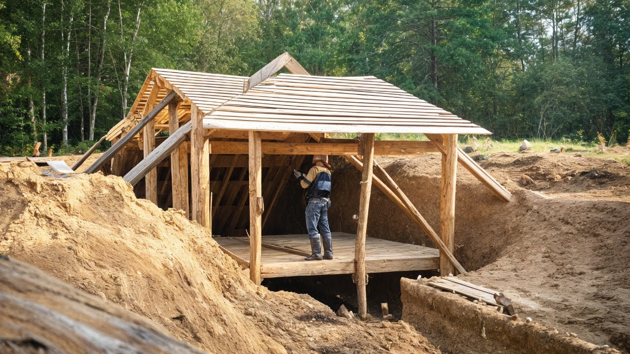 I built a bushcraft log bunker shelter in the woods