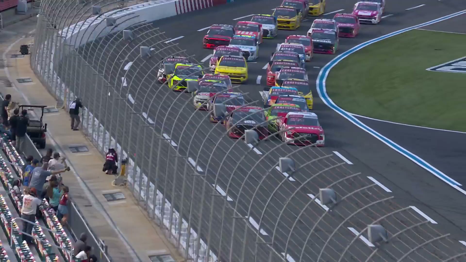 Late Charlotte restart triggers multitruck wreck