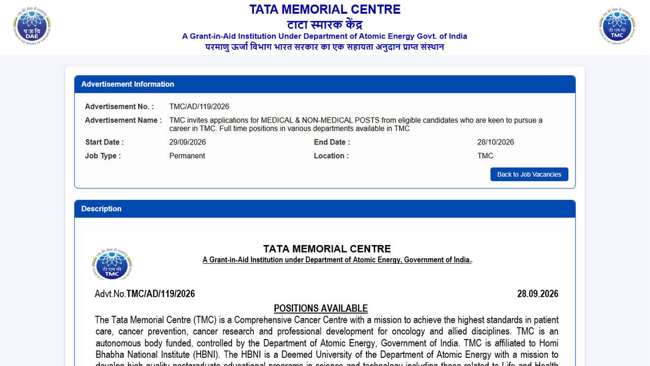 Tata Memorial Centre recruitment 2026 notification released, apply ...