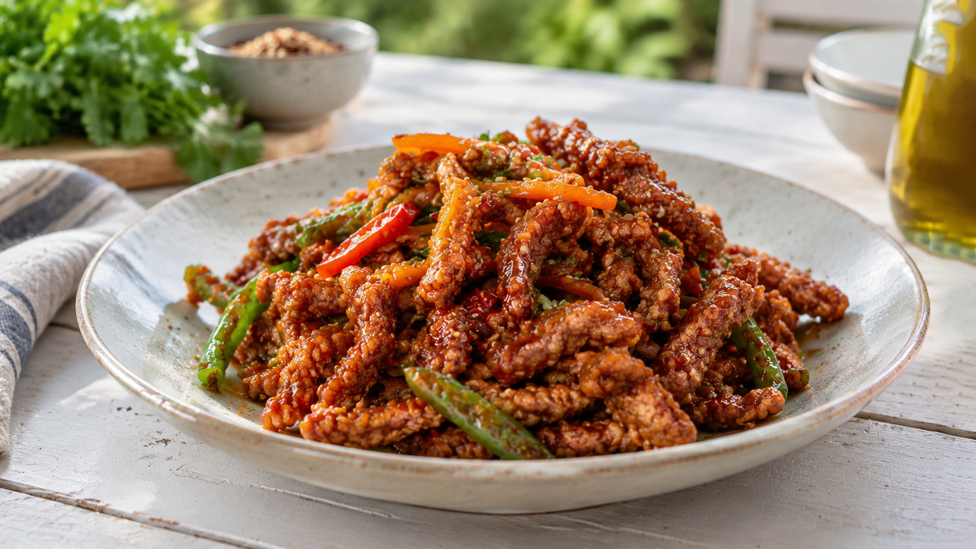 Crispy chili beef with a sweet and spicy glaze