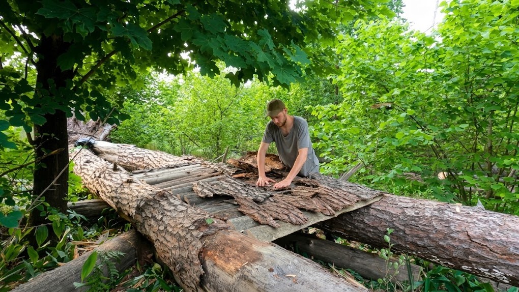 Spending the night in a hidden forest shelter