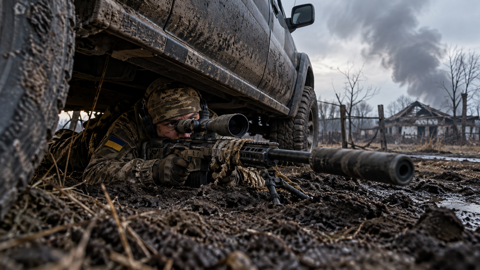 Ukrainian sniper takes aim from beneath a pickup truck then lands the shot