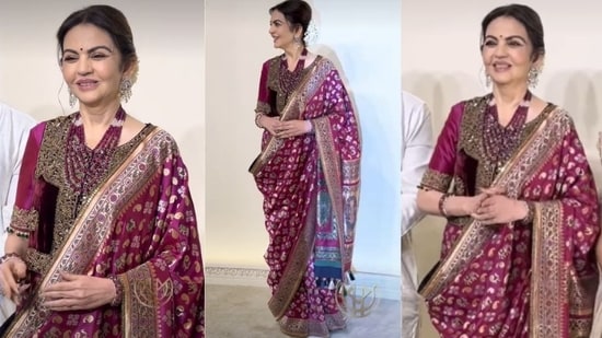 Nita Ambani embraces Indian craftsmanship in a gorgeous wine-red ...