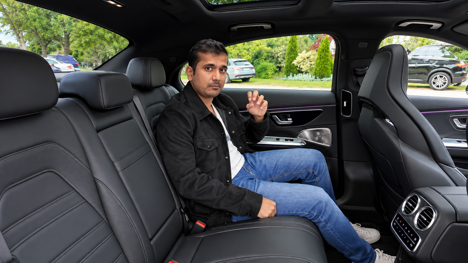 Mercedes-AMG E53 features a rear interior with black leather seats
