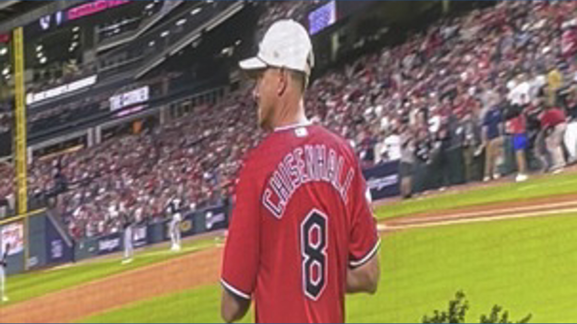 Lonnie Chisenhall tosses out first pitch prior to Game 5 of ALDS