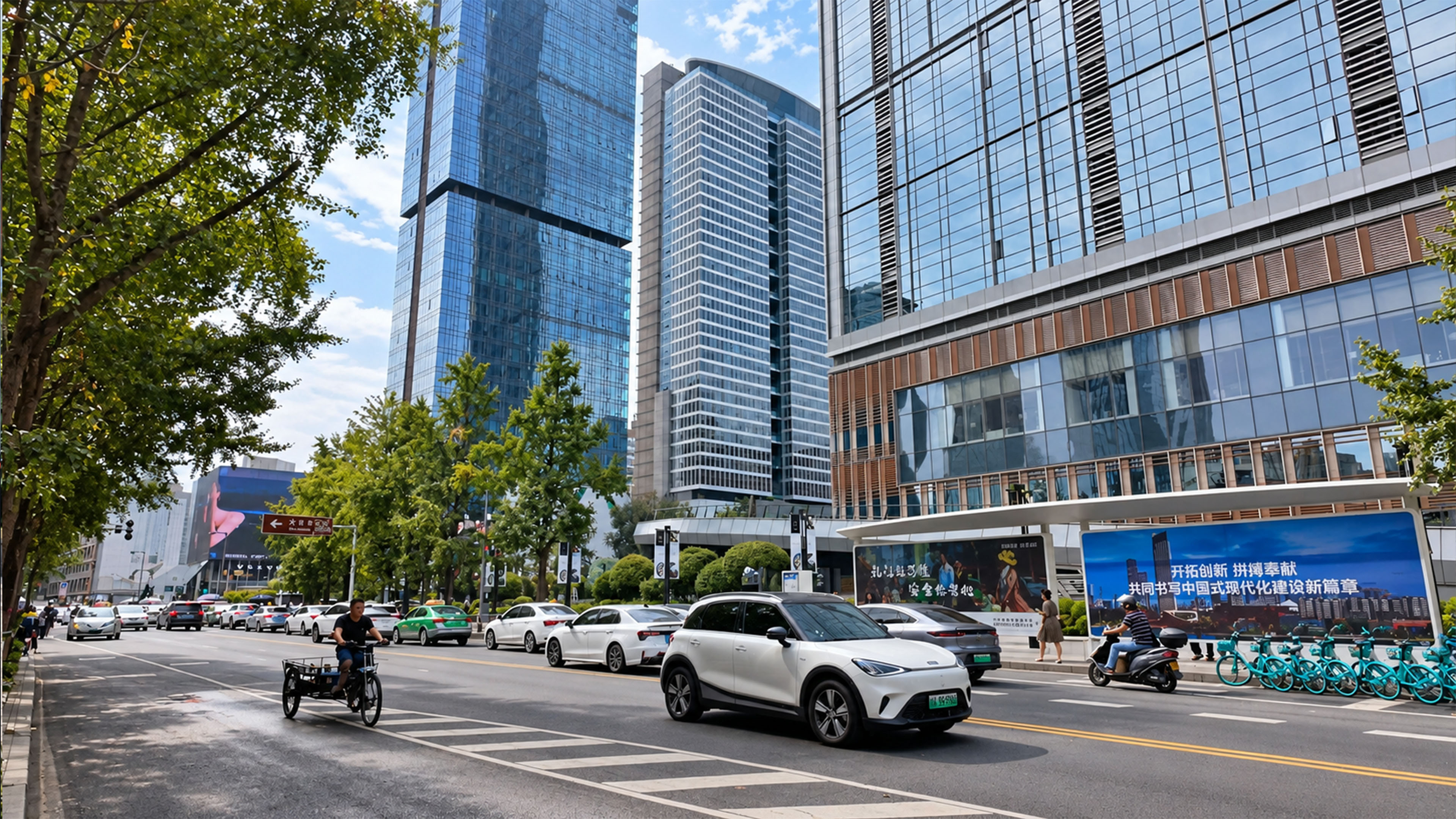 China’s giant glass towers rise above everyday street traffic