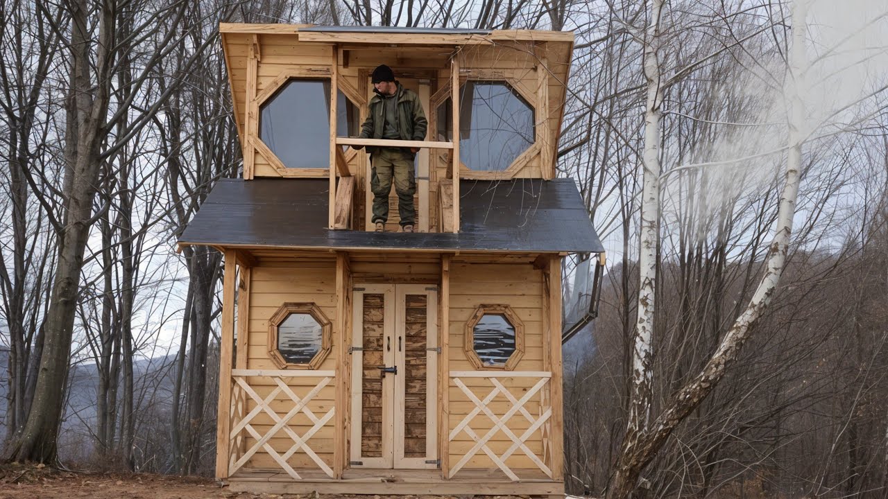 Building a rustic two-story off-grid cabin | Autumn to winter forest ...