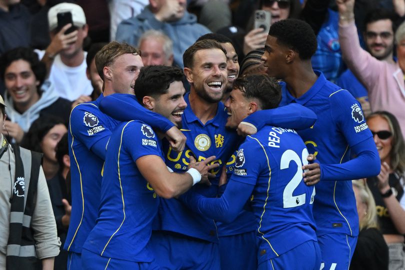 Jordan Henderson of Chelsea celebrates with team mates after scoring his second goal and the team's fifth during the Premier League match against Bournemouth