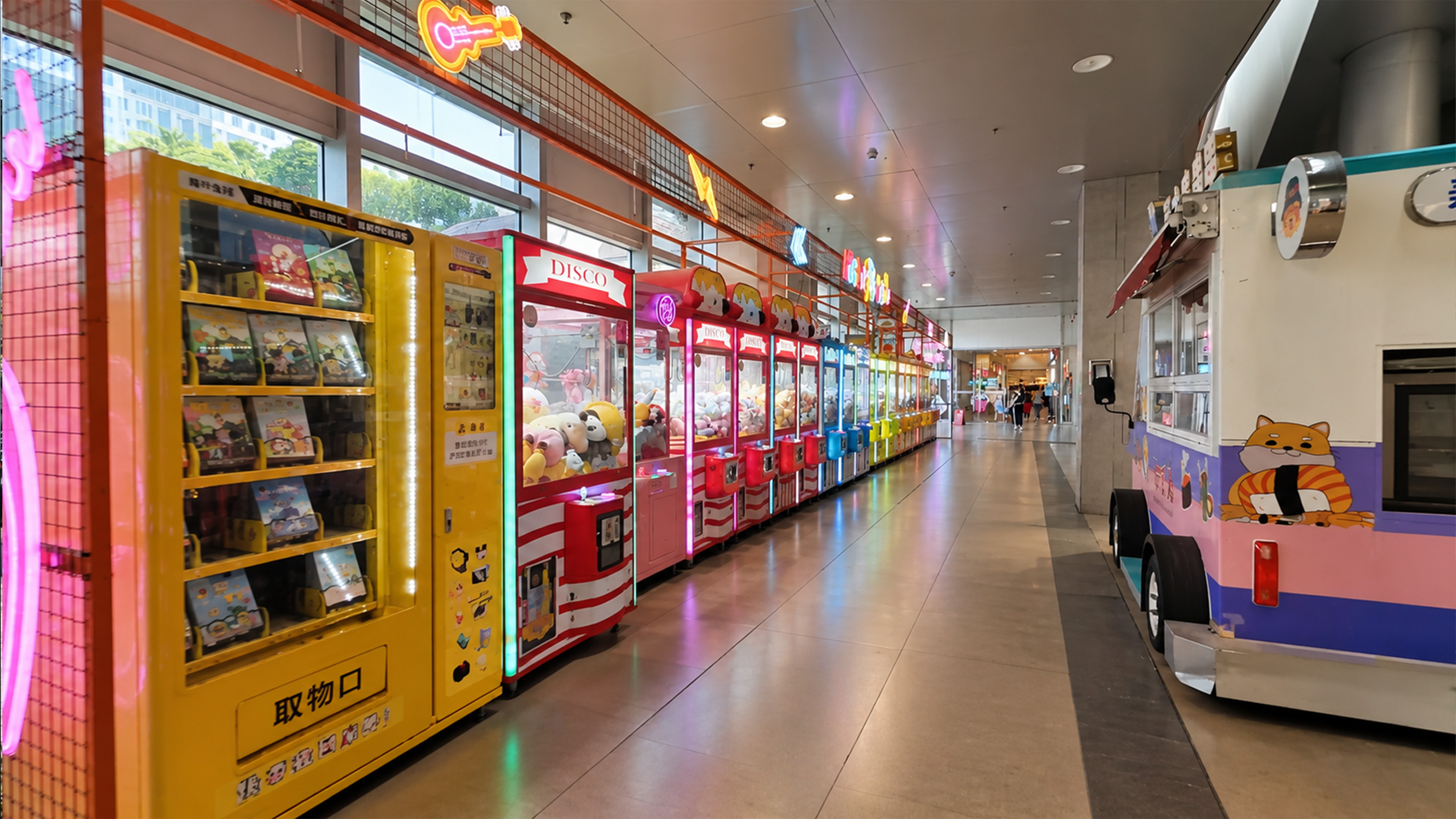 China hides a long arcade of colorful claw machines