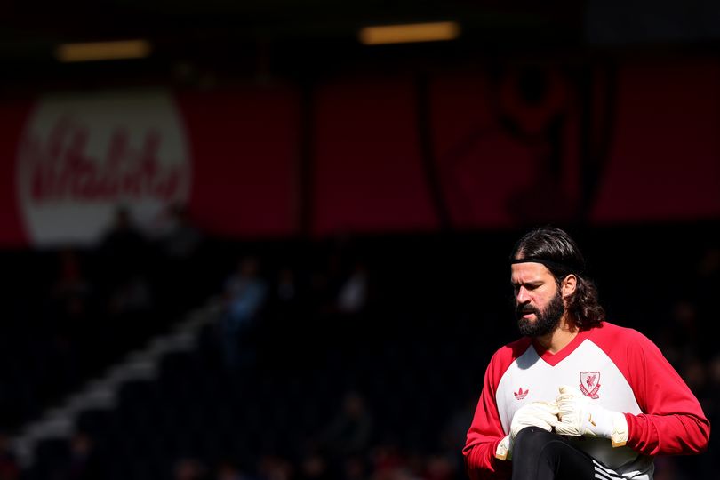 Alisson Becker of Liverpool warms up ahead of the Premier League 2026/27 match against Bournemouth