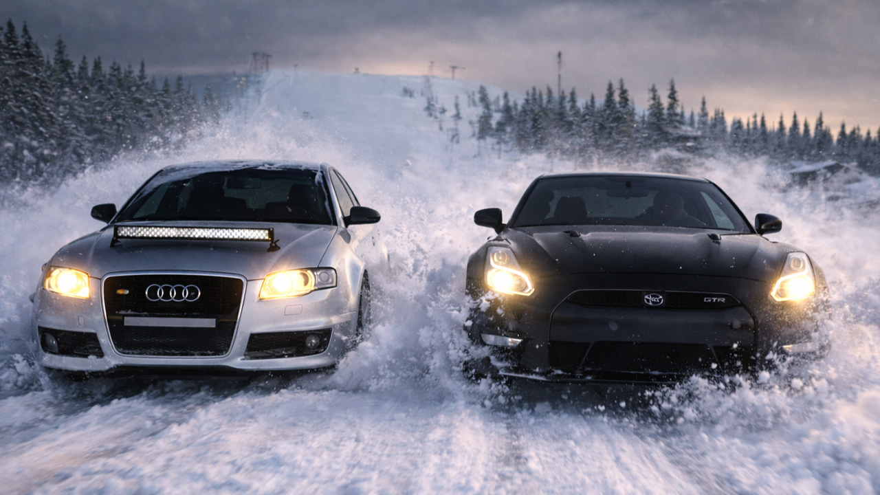 Nissan GT-R Evo 9 and Audi RS4 battle on a ski slope