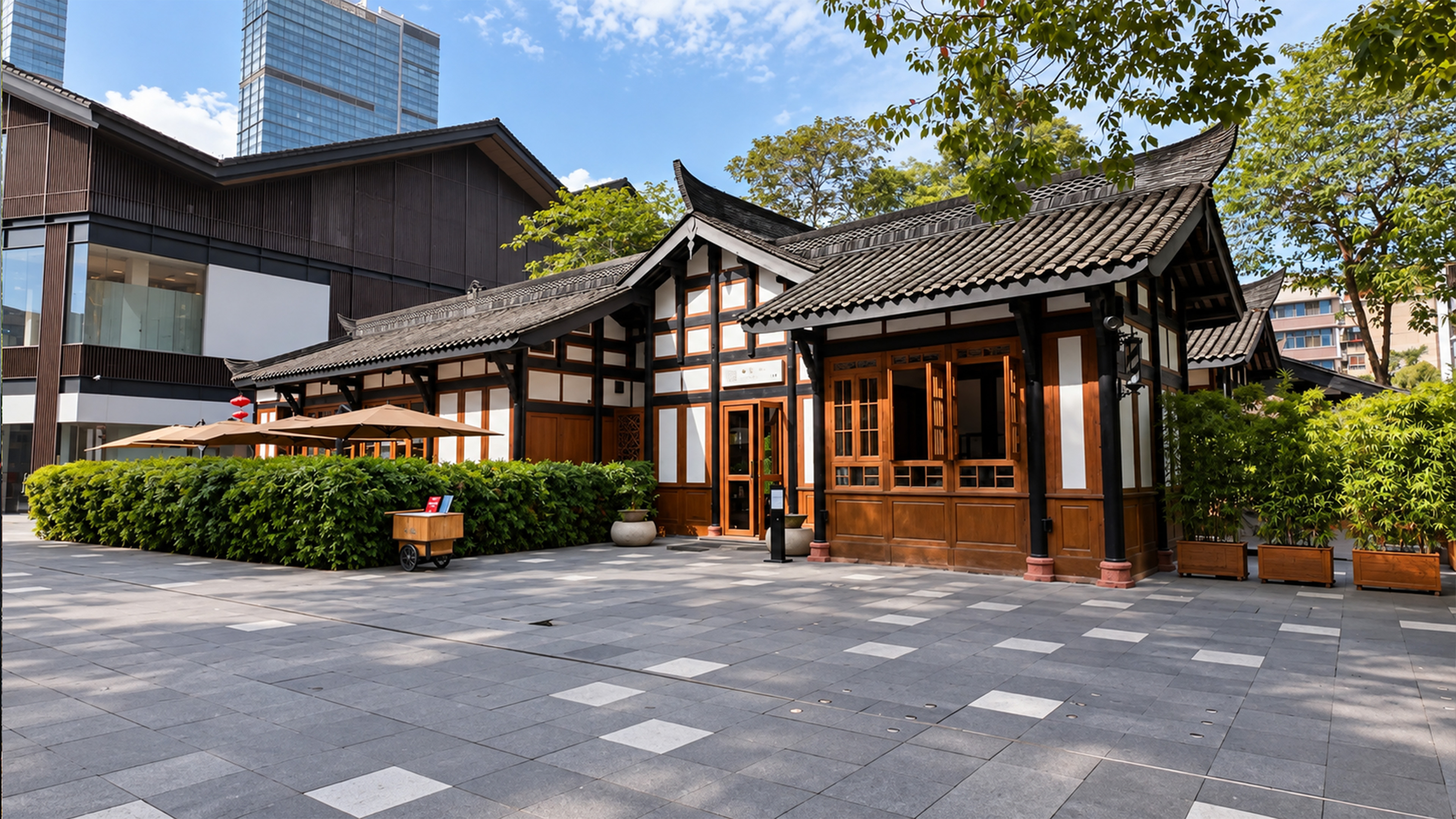 Traditional China architecture meets a modern glass skyline