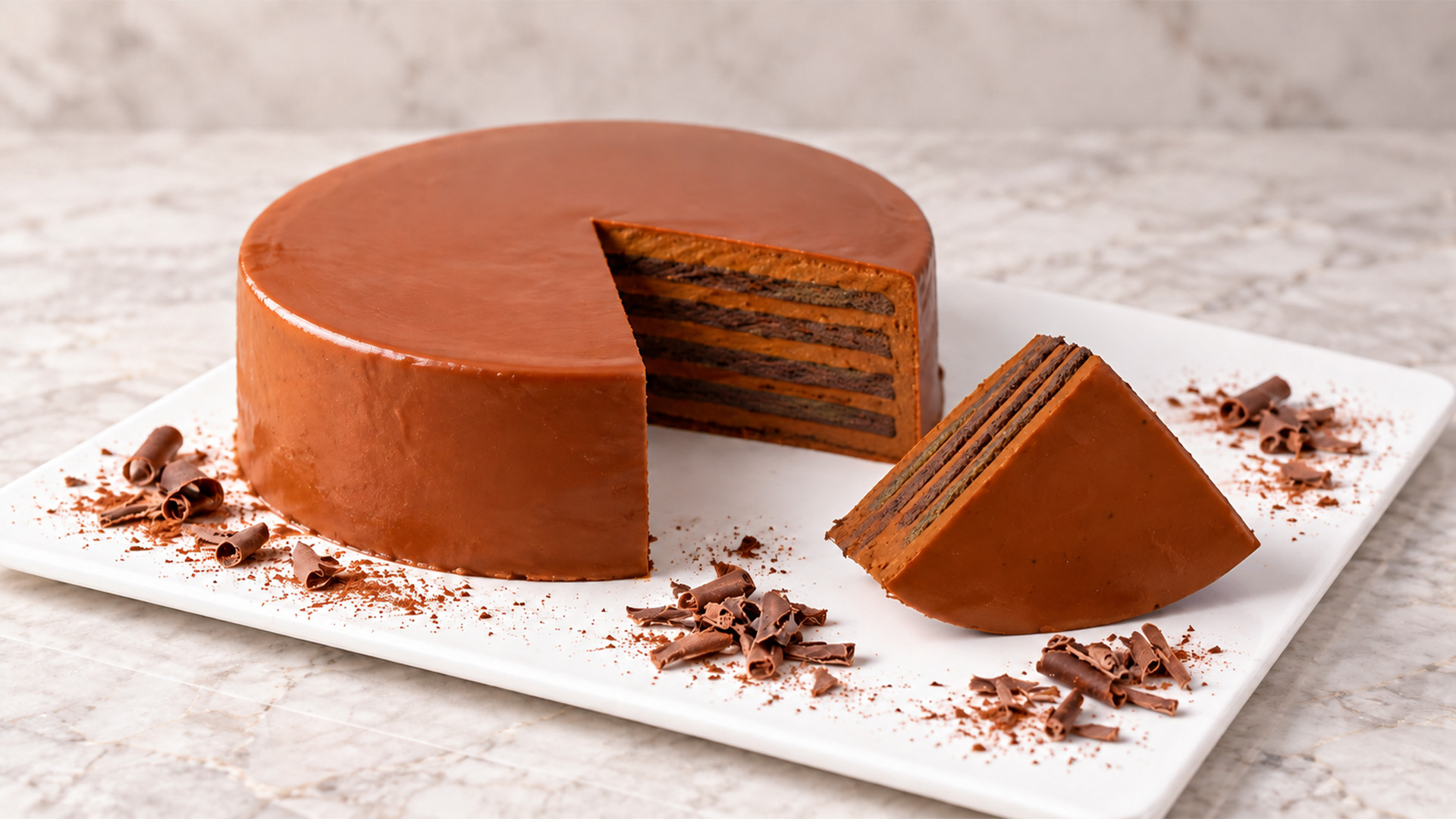 Chocolate crepe cake with thin chocolate layers