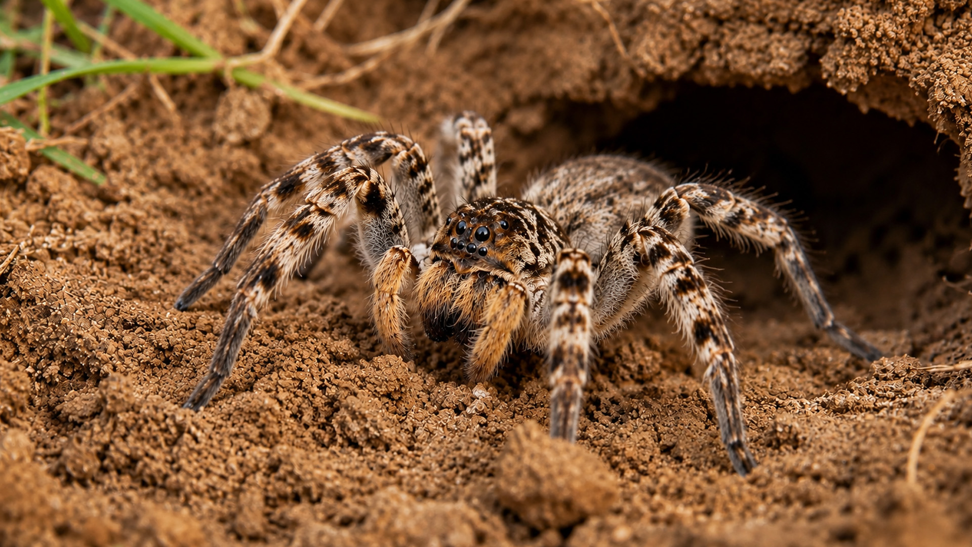 Een ingang van het hol laat zien hoe deze Zuid-Russische tarantula met ...
