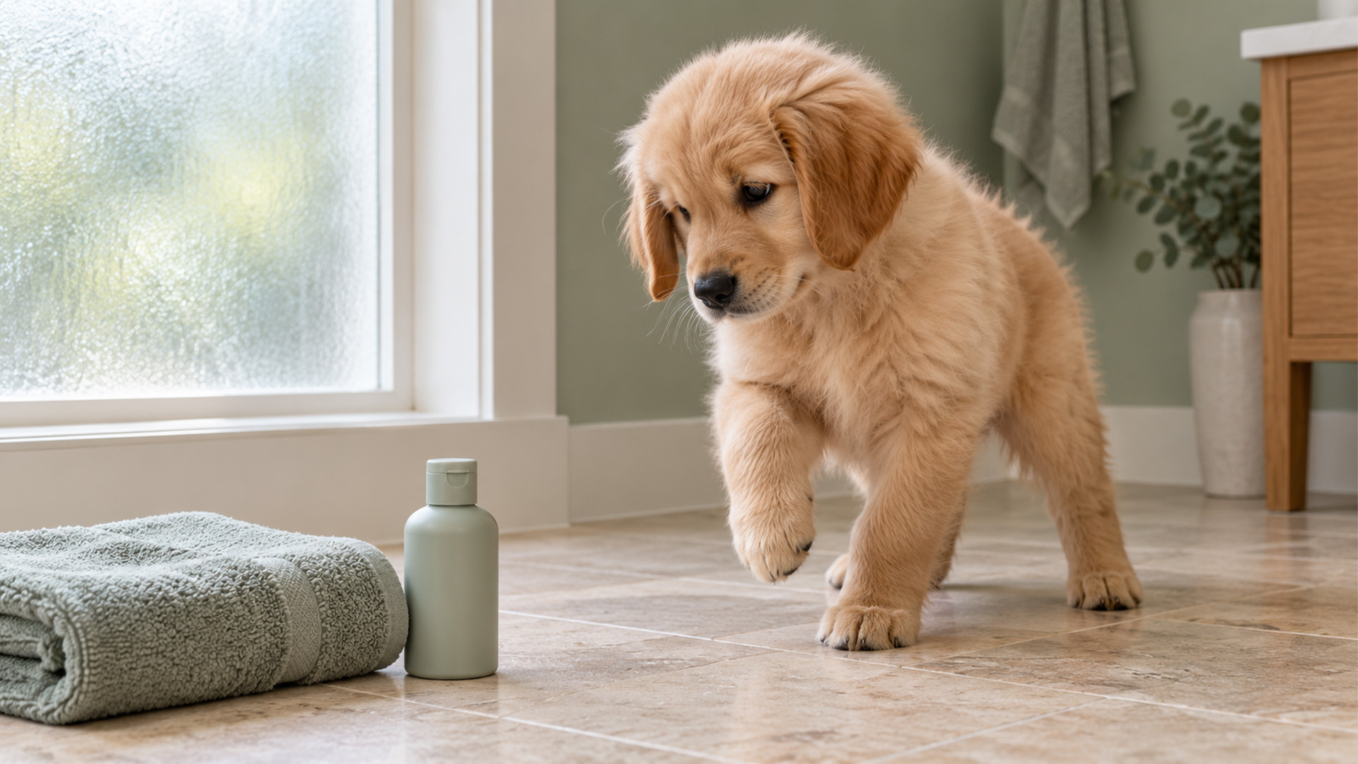 Puppy questions the shampoo bottle