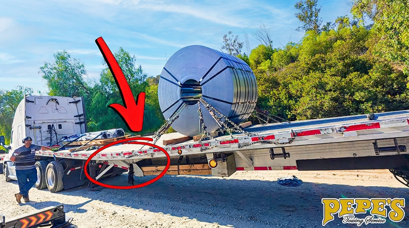 Massive steel coil snaps trailer in half