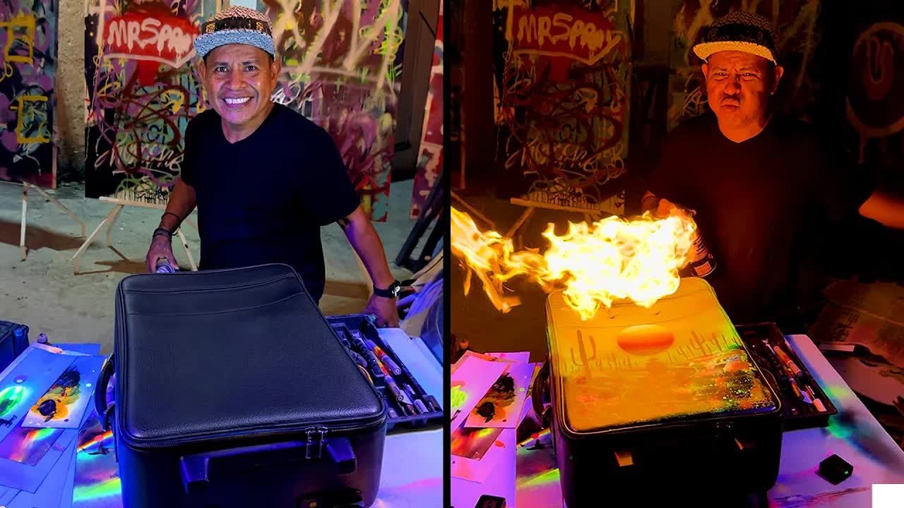 Spray painting my suitcase with a glow-in-the-dark artist