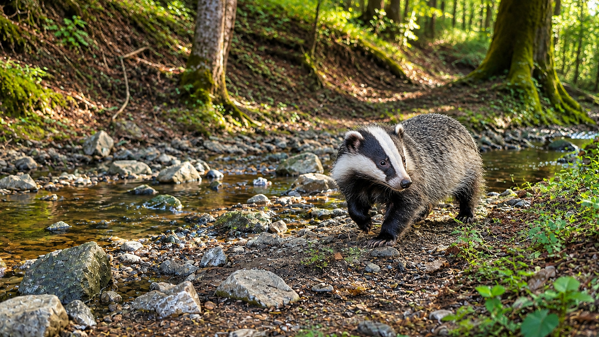 Au bord de ce ruisseau forestier, un blaireau européen est enfin apparu
