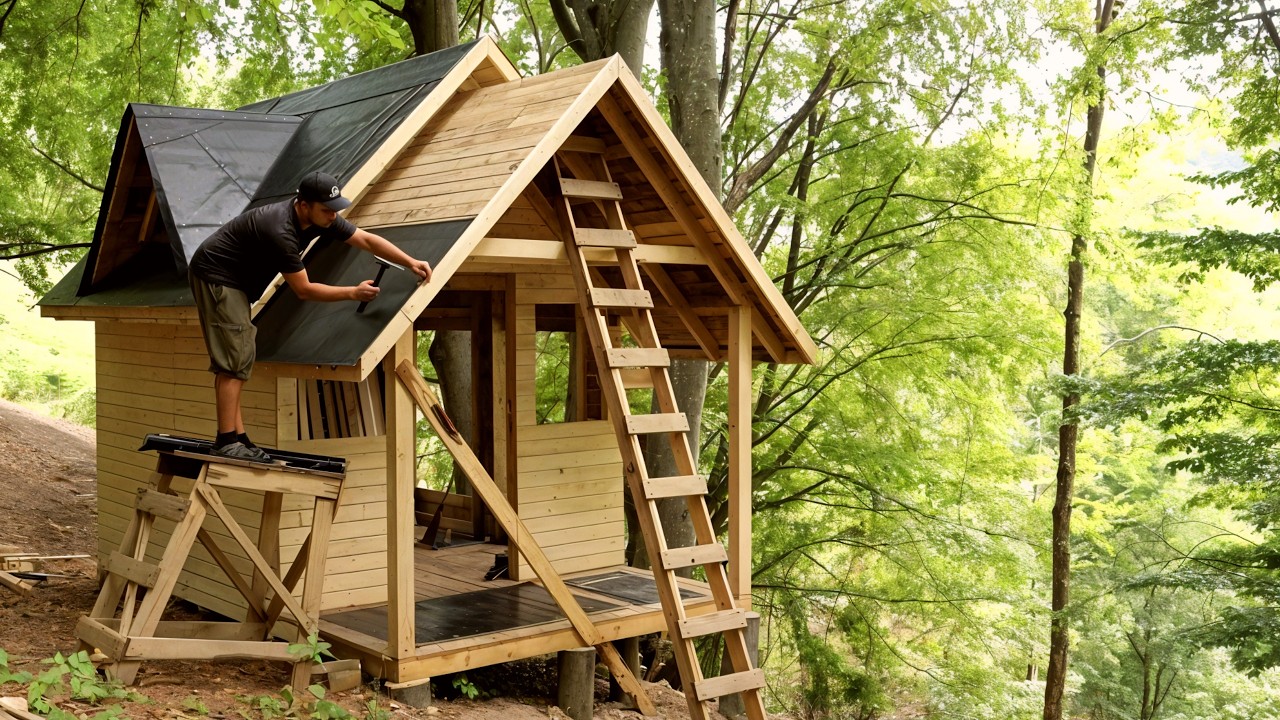 Solo off-grid cabin build: Rustic elevated retreat deep in the forest