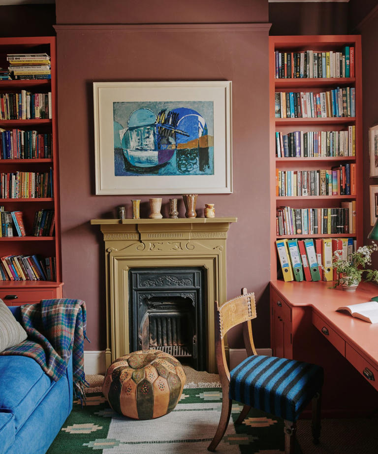 The designer shelving trend giving white built-ins a colorful makeover