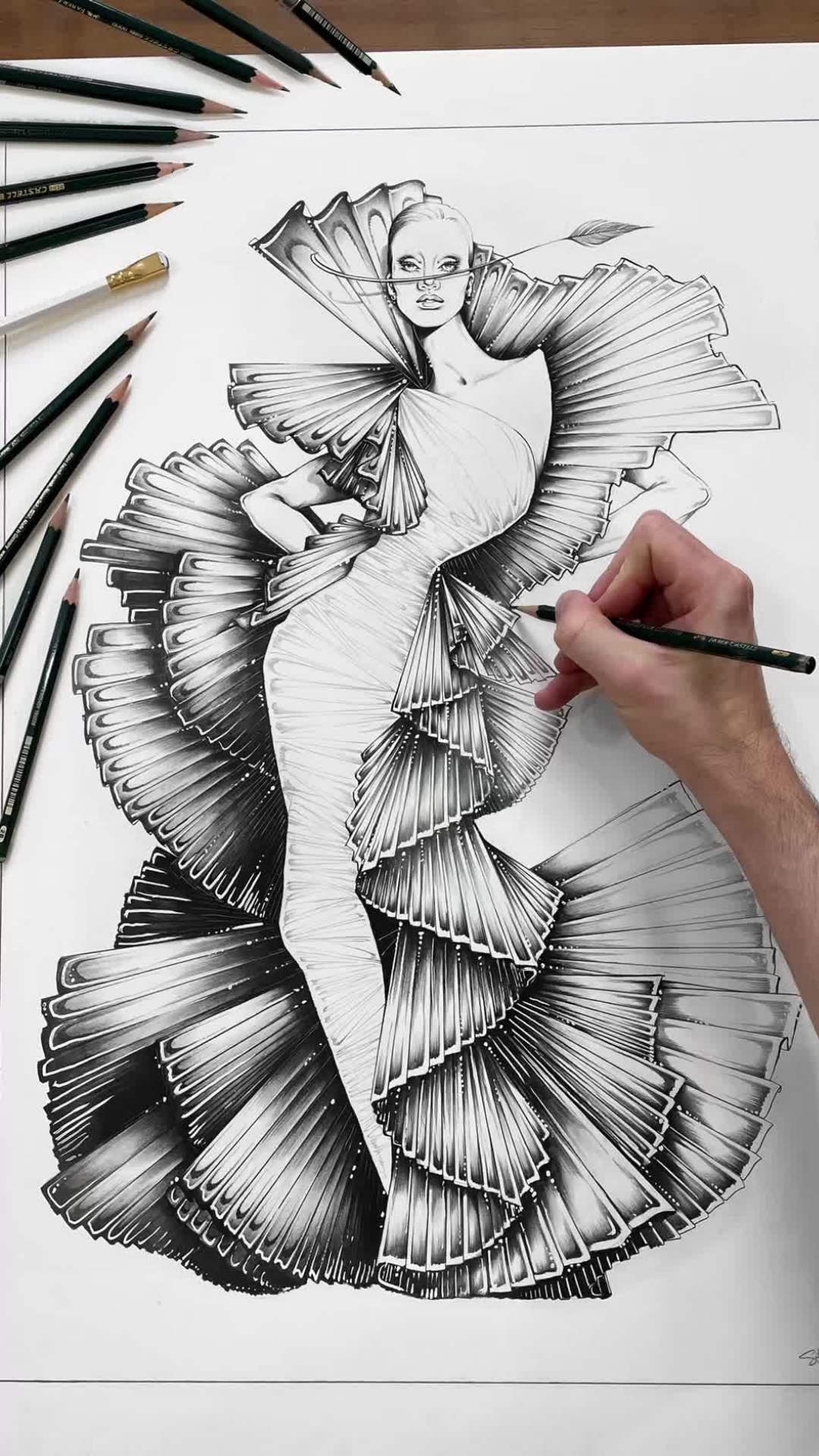 Swan gown fashion sketching process reveals creative design steps