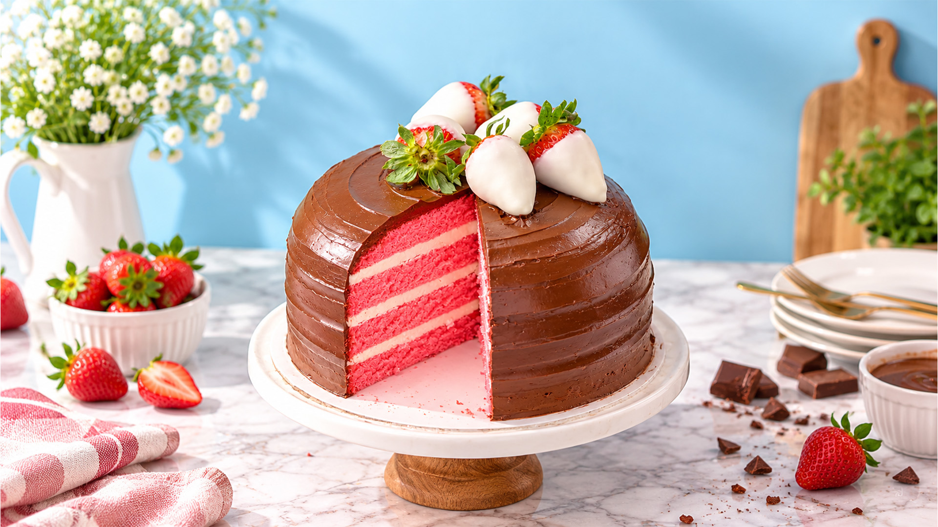 Soft strawberry layers under glossy chocolate frosting