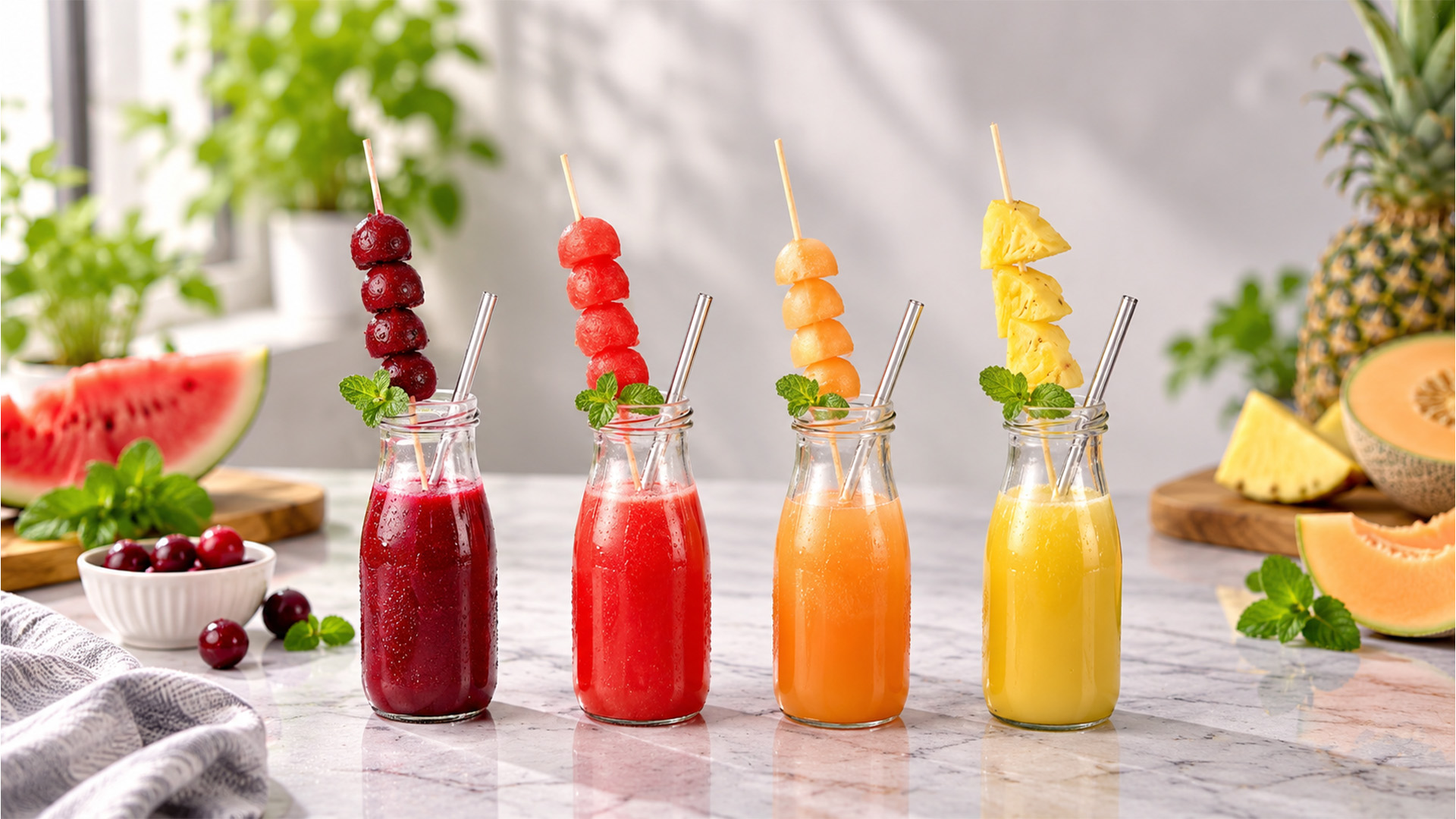 Four fruit drinks finished with fresh skewers