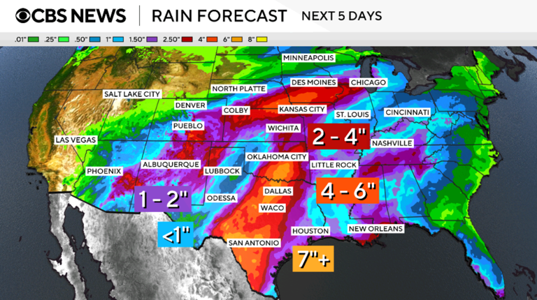 This map shows the rain forecast for the next five days, on Sept. 29, 2026. / Credit: CBS News