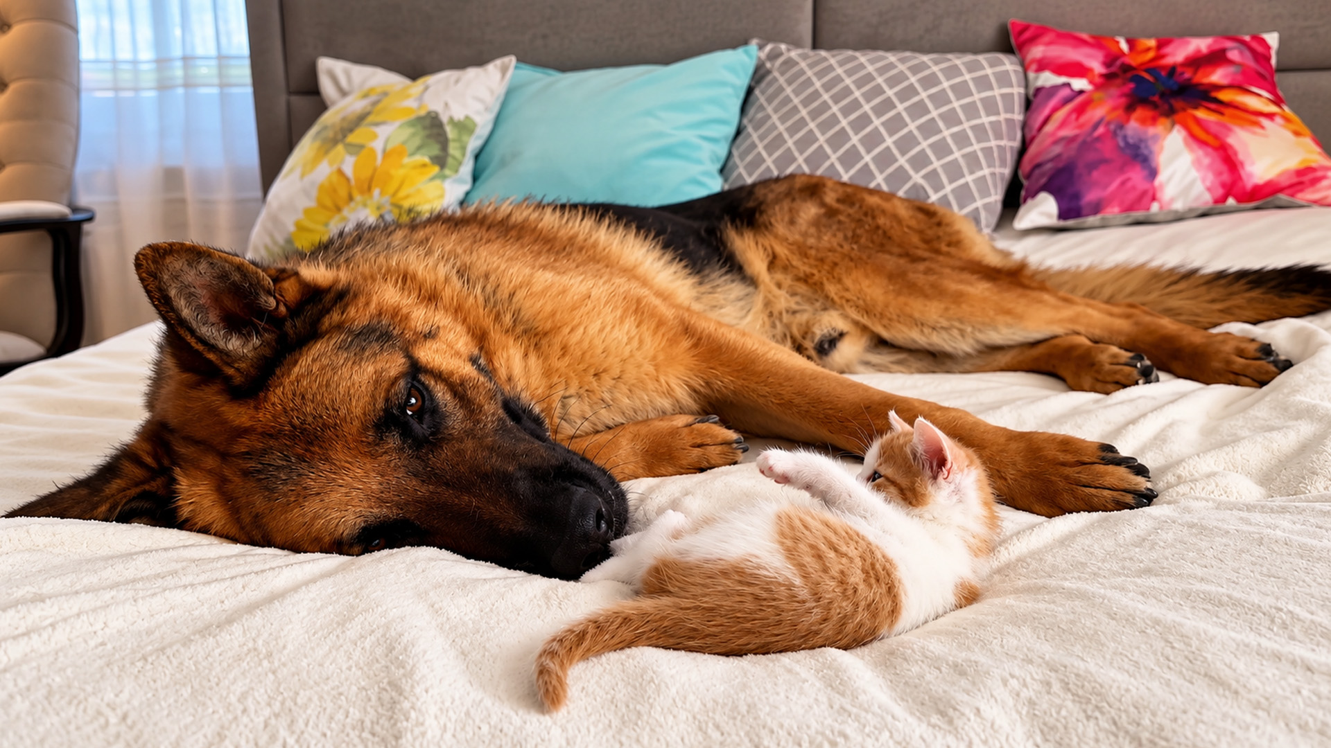 German shepherd forms a gentle friendship with a baby kitten