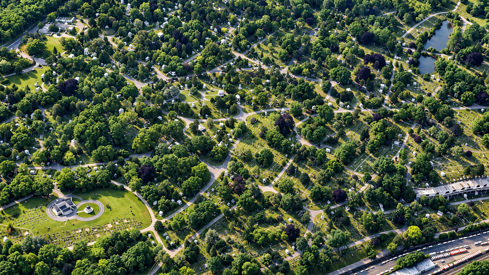 Green spaces and memorial grounds across Woodlawn Cemetery