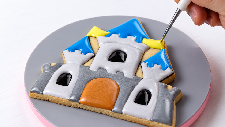 Charming castle cookie decorated with smooth royal icing