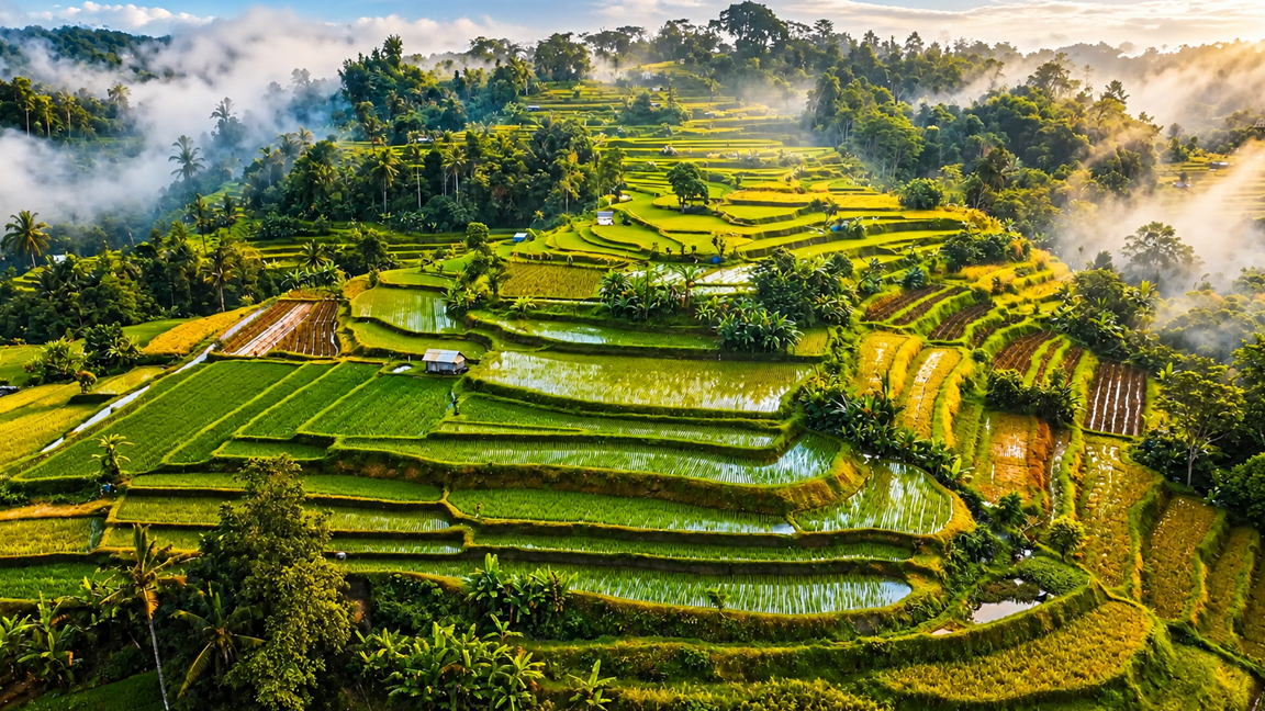 Golden sunrise over a sea of green rice fields