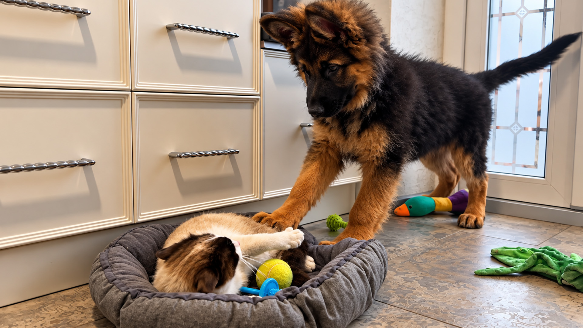 Cat refuses to leave the German shepherd’s bed
