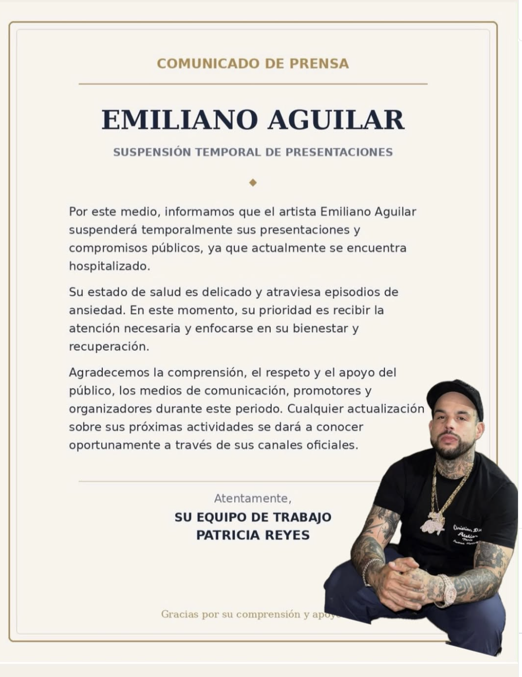 Emiliano Aguilar es hospitalizado y suspende sus presentaciones ...