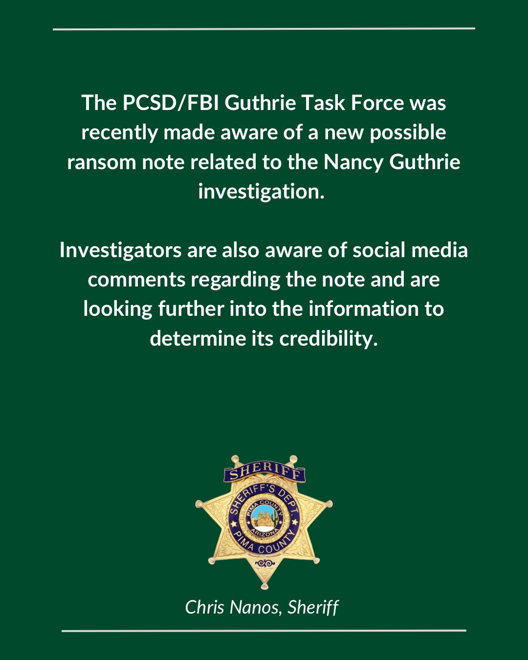 Nancy Guthrie investigators looking into ‘new possible ransom note ...