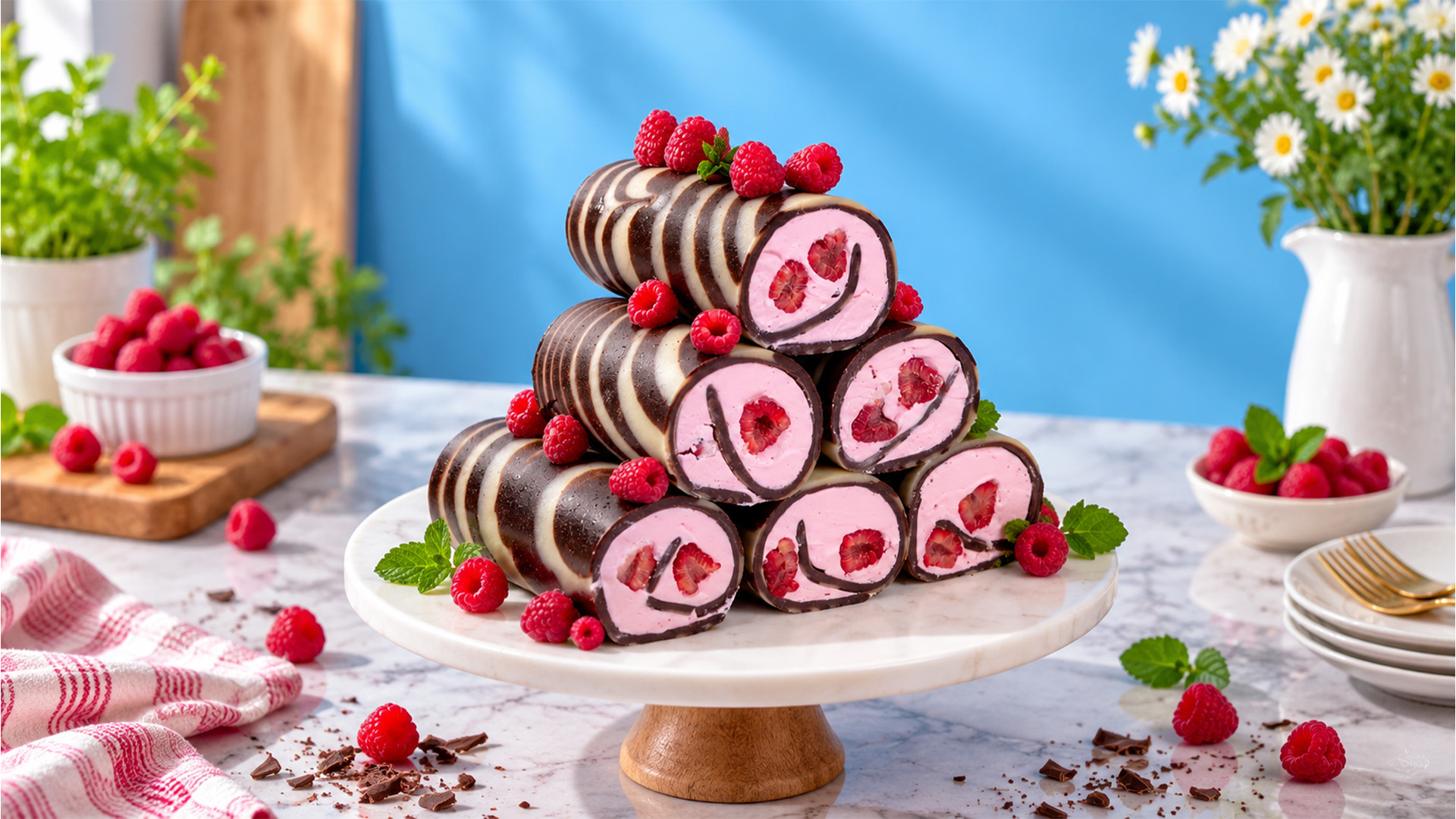 Striped chocolate rolls filled with raspberry cream