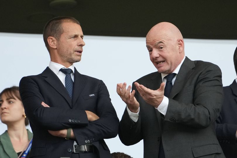BERLIN, GERMANY - JUNE 29: UEFA President Aleksander Ceferin (L) and FIFA President Gianni Infantino attend the UEFA EURO 2024 round of 16 match between Switzerland and Italy at Olympiastadion on June 29, 2024 in Berlin, Germany. (Photo by Masashi Hara/Getty Images)