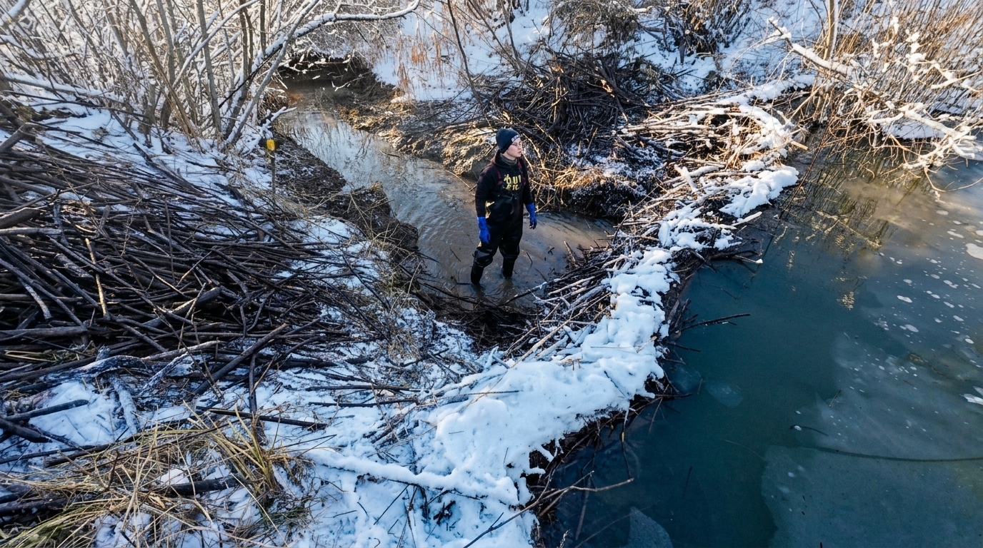 Massive beaver dam in winter!