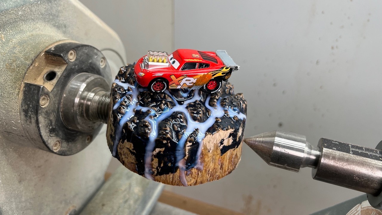 His reaction to this Hot Wheels woodturning project was priceless