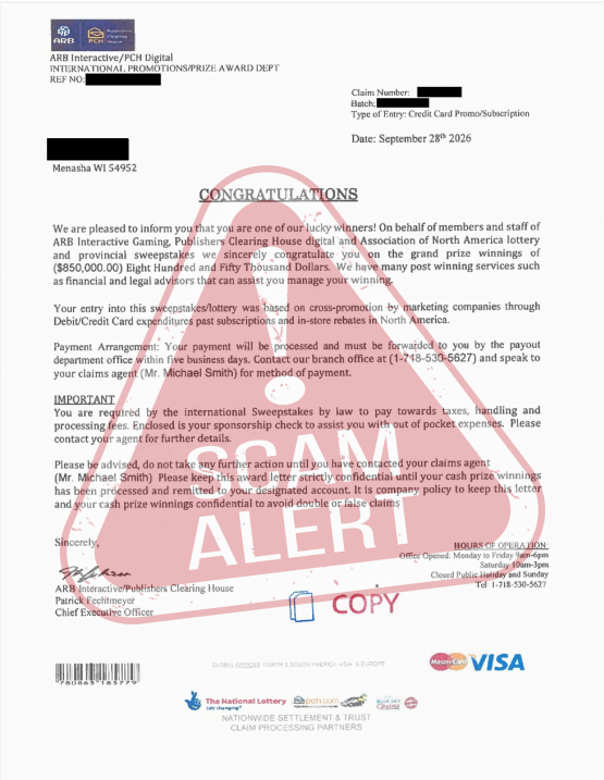 Menasha police warn residents over fake prize scam mail