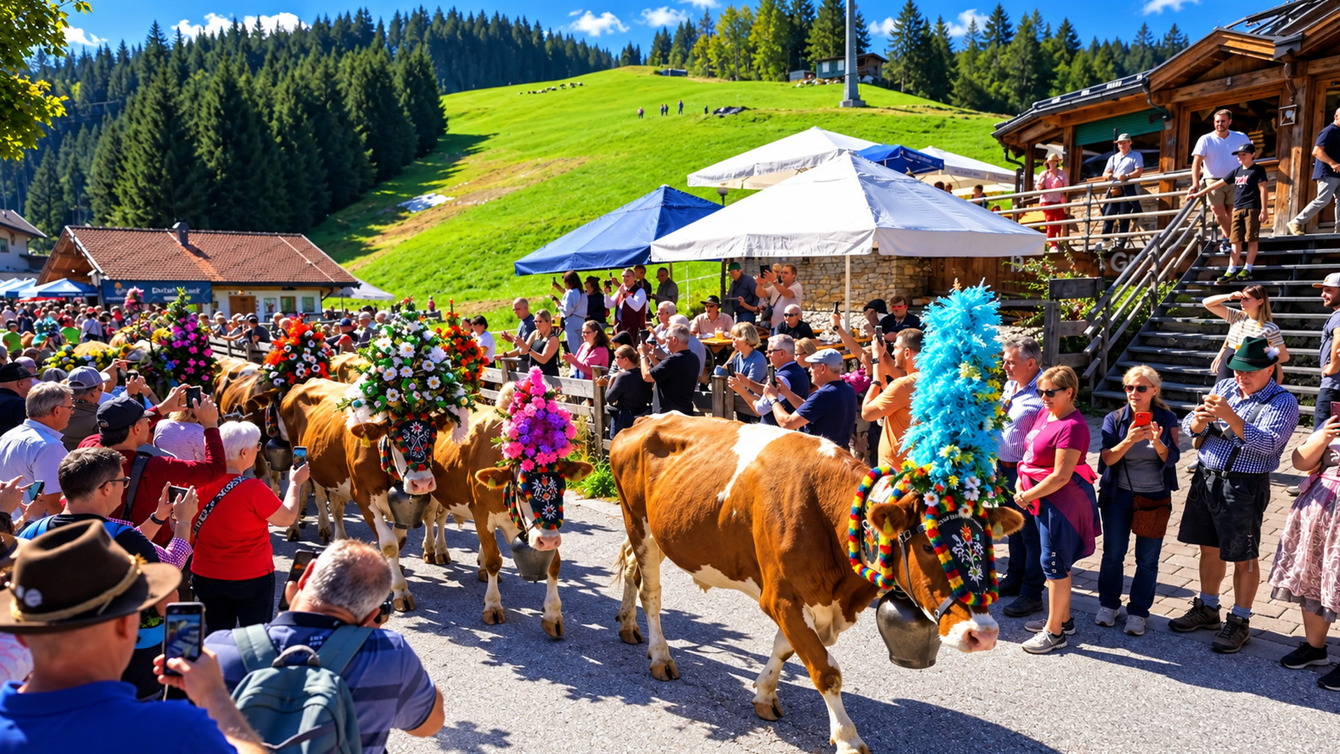 Auffach Austria almabtrieb with beautiful decorated cows (4K)